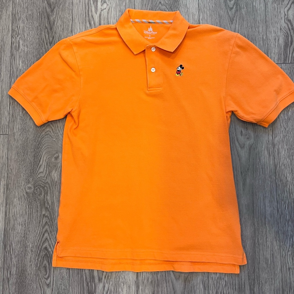 Disney Parks Shirt Mens Small Mickey Embroidered Pique Golf Polo Classic Orange
